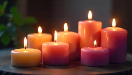Close-up of various aromatherapy candles burning, emitting warm light and fragrant smoke; perfect for relaxation, wellness, and self-care imagery , jar, flame, hygge