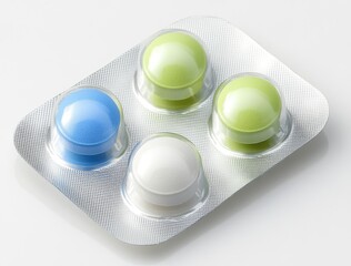 Pills, blister pack blue, white, and two green tablets