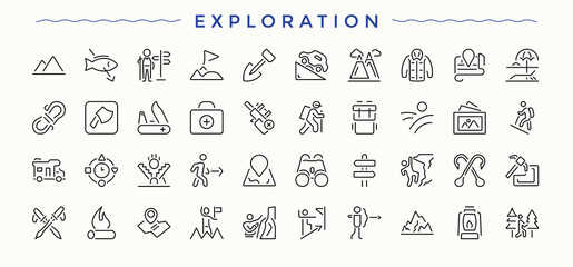 Set of Exploration line icon. Pictograms of climbing, camp, journey, hiking and more. Trendy minimal icons. Travel icon collection. Pixel perfect. Editable stroke.