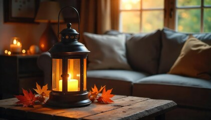 Cozy living room scene featuring a warm, glowing lantern on a rustic wooden table, casting a soft light on surrounding decor Perfect for home, comfort, and autumn themes , design, light
