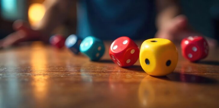 Close-up shot of several colorful dice rolling across a wooden table, capturing the motion blur and chaotic energy of the game , play, rolling, dots