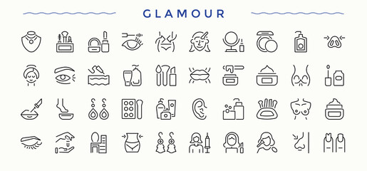 Glamour icon set. Cosmetic linear icon set. Contains such symbols as health, cosmetic, beauty, beauty care, skin and more. Vector illustration in modern line style.