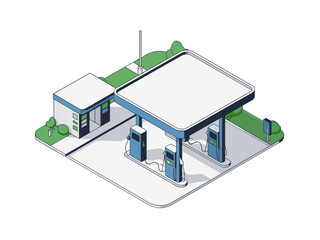 Modern fuel station, large canopy structure, multiple dispensers, compact building, clean pavement island, customer service area, roadside vector © BlackVault Designs