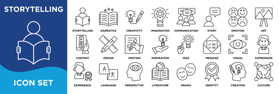 storytelling icon collection set. Containing storytelling, narrative, creativity, imagination icon. simple line vector.	