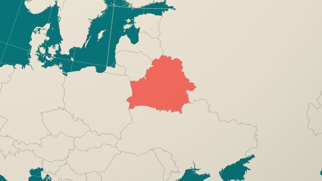 Belarus map. Animated zoom into the country on the Globe in Teal Pale Mint color palette. Country logo animation. Map with meridians, parallels. Beautiful video.
