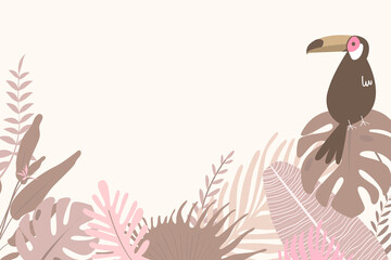 Obraz premium Pink botanical background with tropical leaves and toucan bird