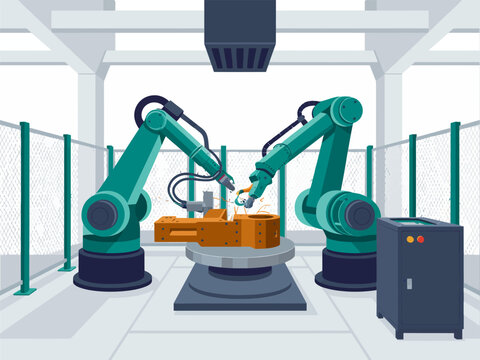 Industrial robot arms in workshop, manipulators on base, safety fence and control unit, automated manufacturing cell, vector illustration