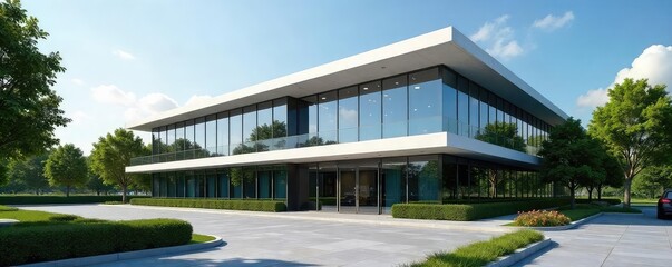 Modern, spacious office building with sleek glass facade and landscaped grounds Perfect for corporate, real estate, and architectural projects , elegant, ambitious, office