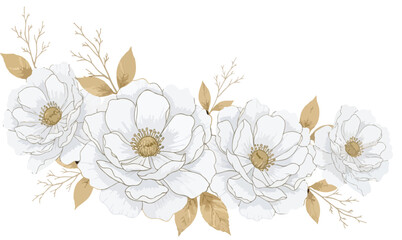 Elegant watercolor white and gold floral border arrangement isolated on white background
