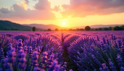 Serene lavender field at sunset, bathed in golden light Perfect for relaxation, aromatherapy, and spiritual wellness imagery Evokes calm, peace, and tranquility , healing plant, beauty, sleep