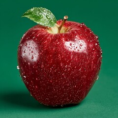 Vibrant red apple glistening with fresh water droplets, showcasing its crisp texture and natural beauty against a rich green backdrop.