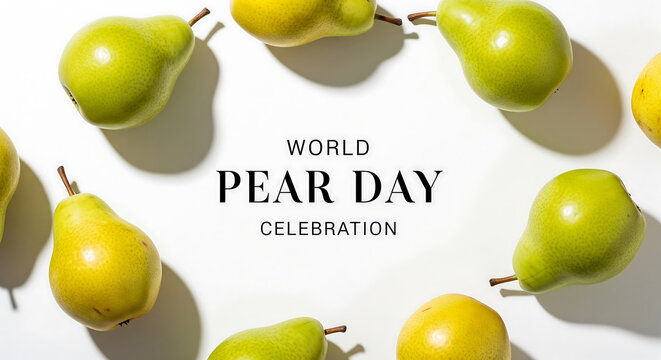 Fresh green and yellow pears arranged in a circular frame on a clean white background, a top view flat lay concept