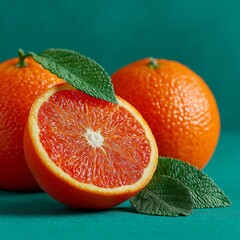 Vibrant blood oranges with fresh green leaves, showcasing juicy citrus texture and rich color, perfect for health and culinary themes.