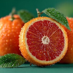Juicy blood orange halves glistening with fresh water droplets, hinting at vibrant flavor and healthy refreshment, perfect for culinary and wellness themes.