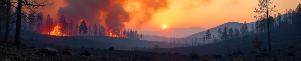 Fototapeta premium Smoldering forest fire aftermath, charred trees and ash blanket the landscape, smoke still rising A stark image of nature's destructive power , aerial view, environmental damage, heat