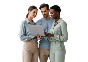 Group of young people, students, business people with laptop isolated on white