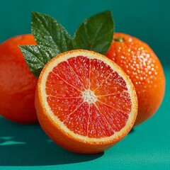 Vibrant blood oranges with fresh green leaves create a stunning natural aesthetic, perfect for healthy lifestyle content and culinary inspiration.