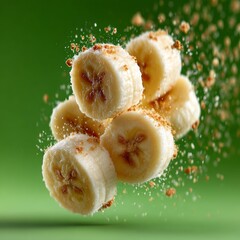 Fresh banana slices mid air with crumbs exploding, creating a dynamic, appetizing food motion scene