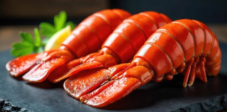 Succulent, glistening lobster tails ready to be cooked Perfect for gourmet meals and restaurant menus Showcase the exquisite texture and vibrant color of fresh seafood , crustacean, tails