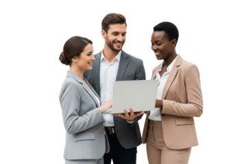 Business people using tablet and smiling isolated on white