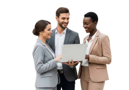 Business people using tablet and smiling isolated on white