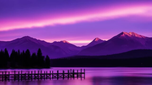 Majestic Purple mountain scene at dawn with lake and pier creating a serene atmosphere