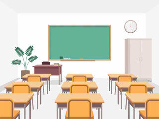 Sunlit classroom interior, chalkboard with clock, rows of wooden desks, potted plants, education background, vector illustration