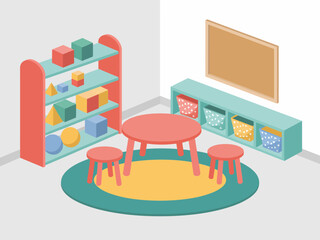 Nursery classroom furniture, red activity table with stools, storage shelves and bins, bulletin board, imaginative play space vector