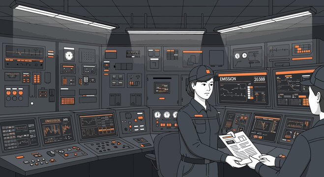 Control room employees reviewing operational data displayed on multiple monitors