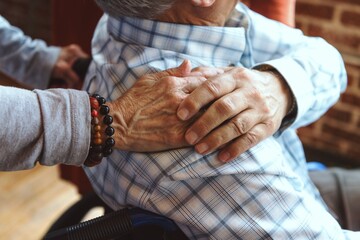Close-up of a comforting hand on an elderly person's shoulder, symbolizing care and support. The gesture conveys warmth, compassion, and empathy in a tender moment. Elderly man in wheelchair.