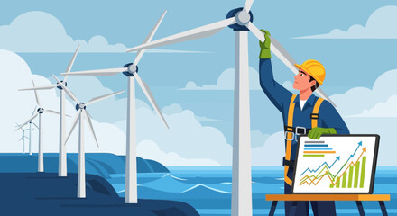 Sustainable future: engineer maintaining wind turbines for clean energy production