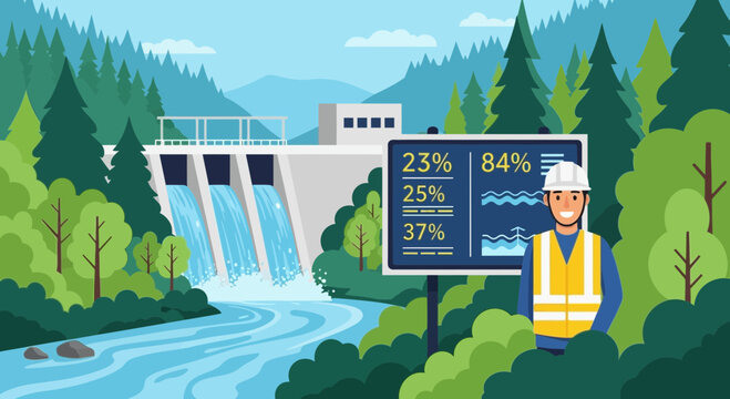 Hydroelectric dam engineer monitoring water level data and energy production percentages