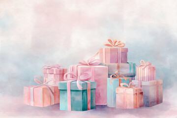 Dreamy Watercolor Packages: Pastel Gift Wrapping Design for Romantic Weddings, Valentine's Day; Ideal for Social Media Graphics and Event Invitations on Tablets.