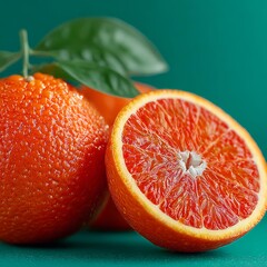 Vibrant, juicy blood oranges glistening with water droplets, one sliced to reveal rich crimson pulp, perfect for healthy eating and refreshing beverages.