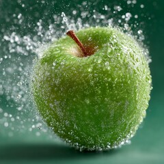 Refreshing green apple covered in sparkling water droplets splashes creating a vibrant, clean, and healthy visual feast for your senses
