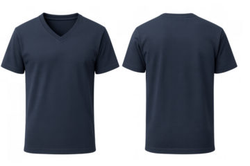Dark blue v-neck t-shirt template showing front and back views, blank apparel mock-up for design, transparent background