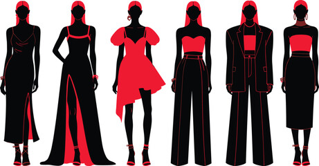 Stylized fashion illustration of women, red and black outfit, elegant clothing, modern style, vector art, chic pose, isolated design