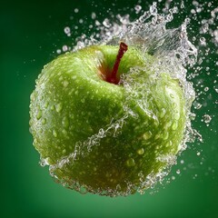 Vibrant green apple splashing dynamically through crystal clear water creating refreshing droplets against a lush green backdrop