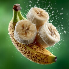 Freshly sliced sweet banana pieces suspended mid air with sugar crystals sparkling against a vibrant green blurred background, perfect for healthy eating campaigns.
