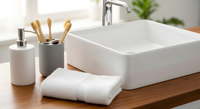 Modern bathroom sink with toothbrushes and towel on wooden countertop