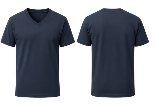 Dark blue v-neck t-shirt template showing front and back views, blank apparel mock-up for design, transparent background