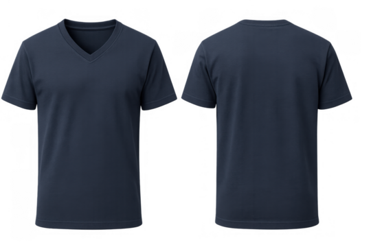 Dark blue v-neck t-shirt template showing front and back views, blank apparel mock-up for design, transparent background