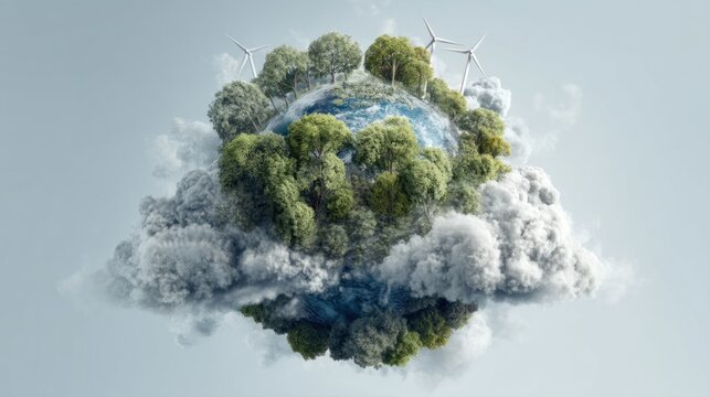 A surreal depiction of a green planet surrounded by clouds, featuring trees and wind turbines, emphasizing environmental themes and sustainability.