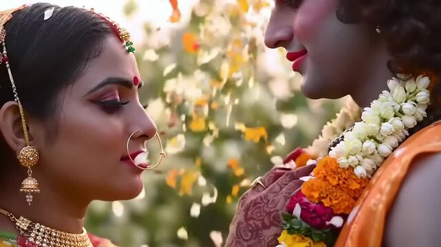 Couple in Hindu deity costume with outdoor.