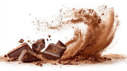 A dynamic explosion of chocolate pieces and cocoa powder, showcasing the rich texture and color of cocoa in an artistic display.