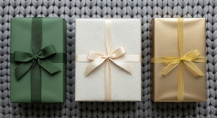 Three Colorfully Wrapped Gift Boxes Tied With Ribbon