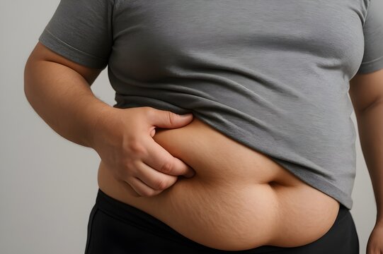 Overweight person pinching excess belly fat, symbolizing health, diet, and weight loss concepts
