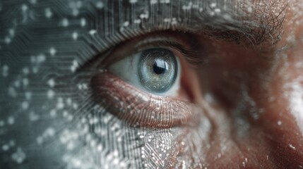 A close-up of a human eye with a digital circuit overlay, symbolizing the fusion of technology and humanity.