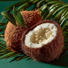Ripe, fresh coconut split open revealing creamy white flesh surrounded by tropical leaves, perfect for health and wellness content.