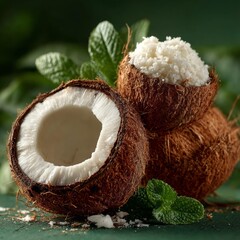 Fresh, whole coconuts with shredded meat and mint leaves create a vibrant, natural tropical bounty perfect for healthy eating and exotic recipes.